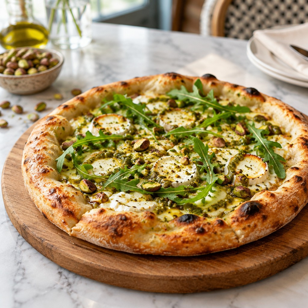 Pizza tapara con pistacho y rúgula